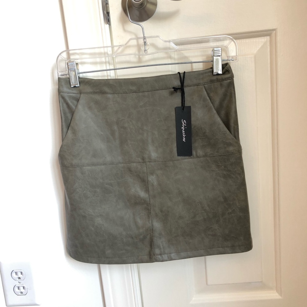 Olive green leather mini skirt